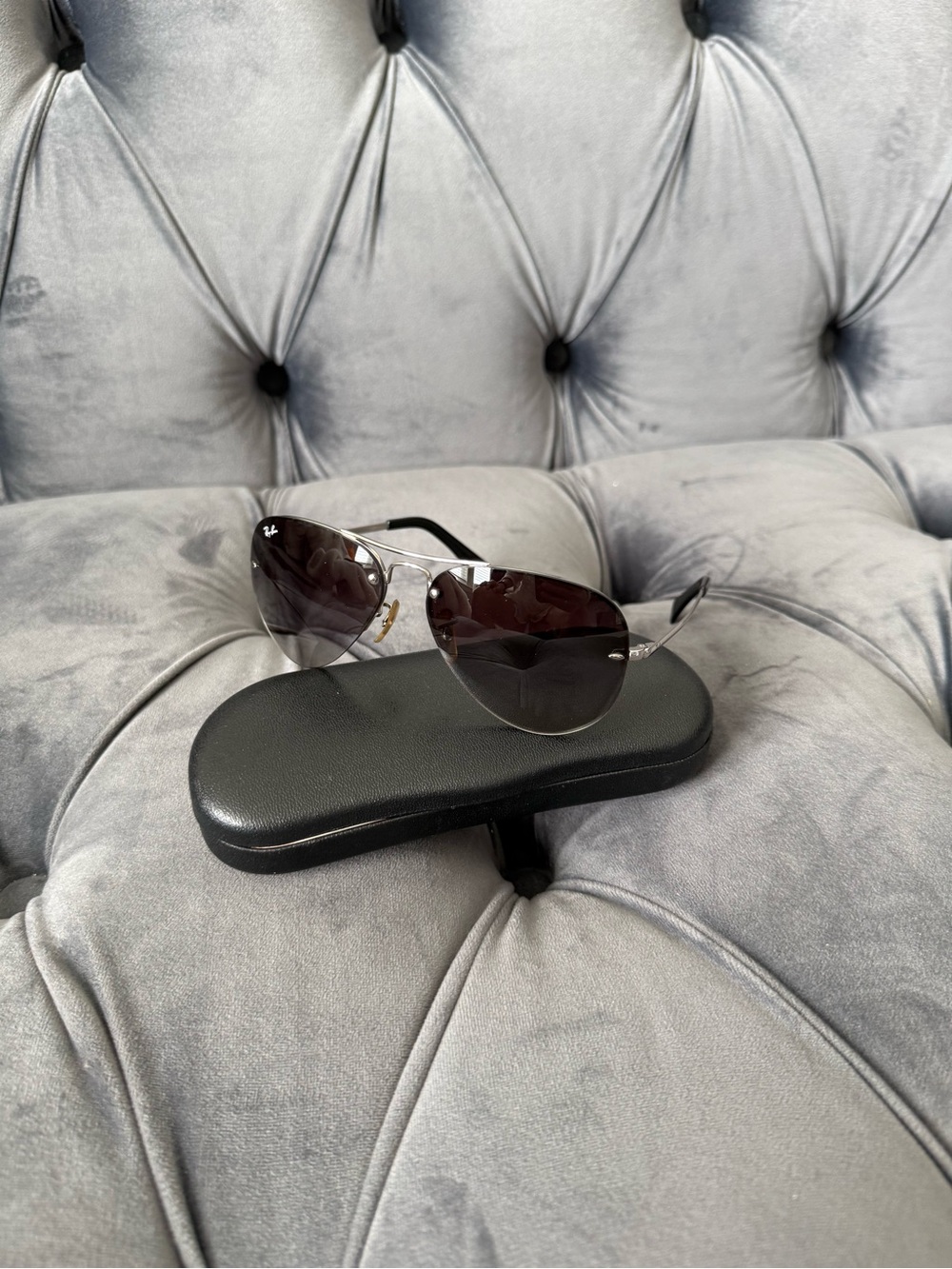 Ray-Ban RB3449 Rimless Aviator Sunglasses Silver Gray Gradient 59mm w/ Case